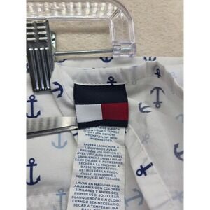 Tommy Hilfiger Queen Size Flat Bed Sheet White Blue Anchor Print